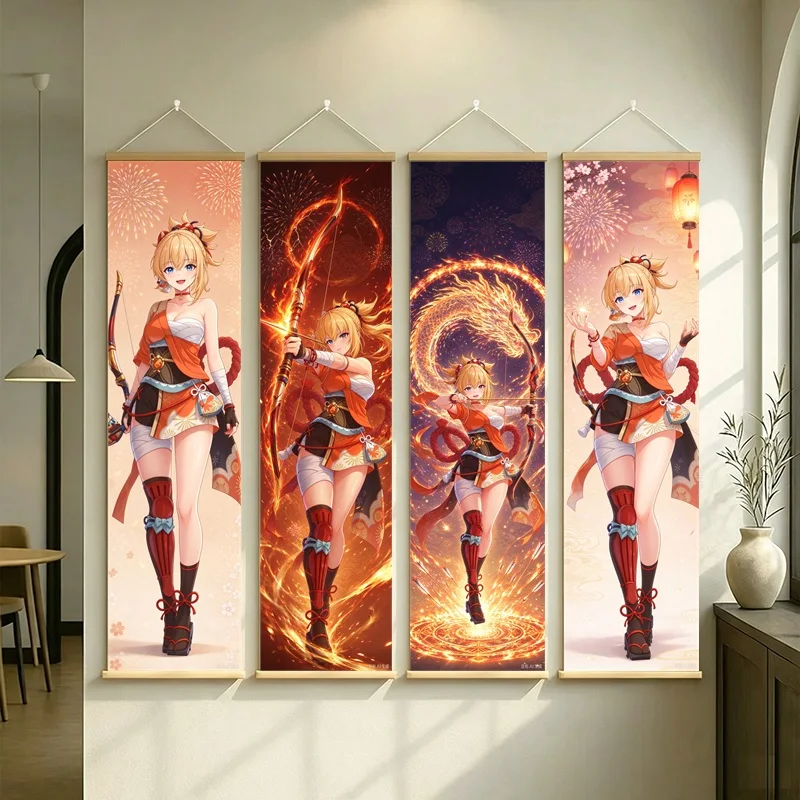 Hanging Scroll Wall Art of Genshin Impact Yoimiya with Glowing Orange Flames on Silver Shimmer Canvas for an Anime Bedroom