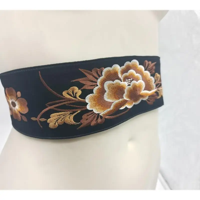 Vintage Handmade Embroidered Peony Flower Belt Women's Chinese Ethnic Style Waistband Fashion Clothing Accessories