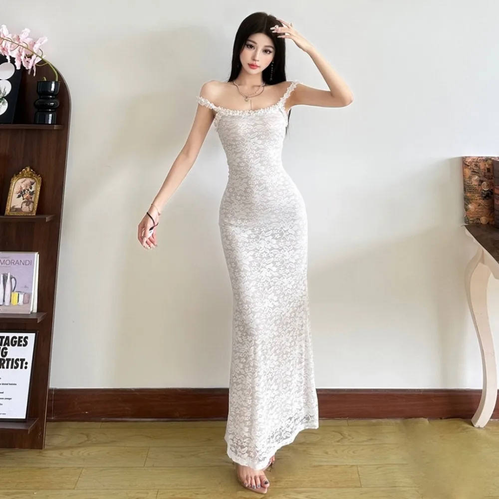 فستان ماكسي من قماش الجاكار من SylCue فستان نسائي مكشكش وأشرطة كتف بدون أكمام وظهر مكشوف ملفوف على الورك في الشارع فساتين أنيقة