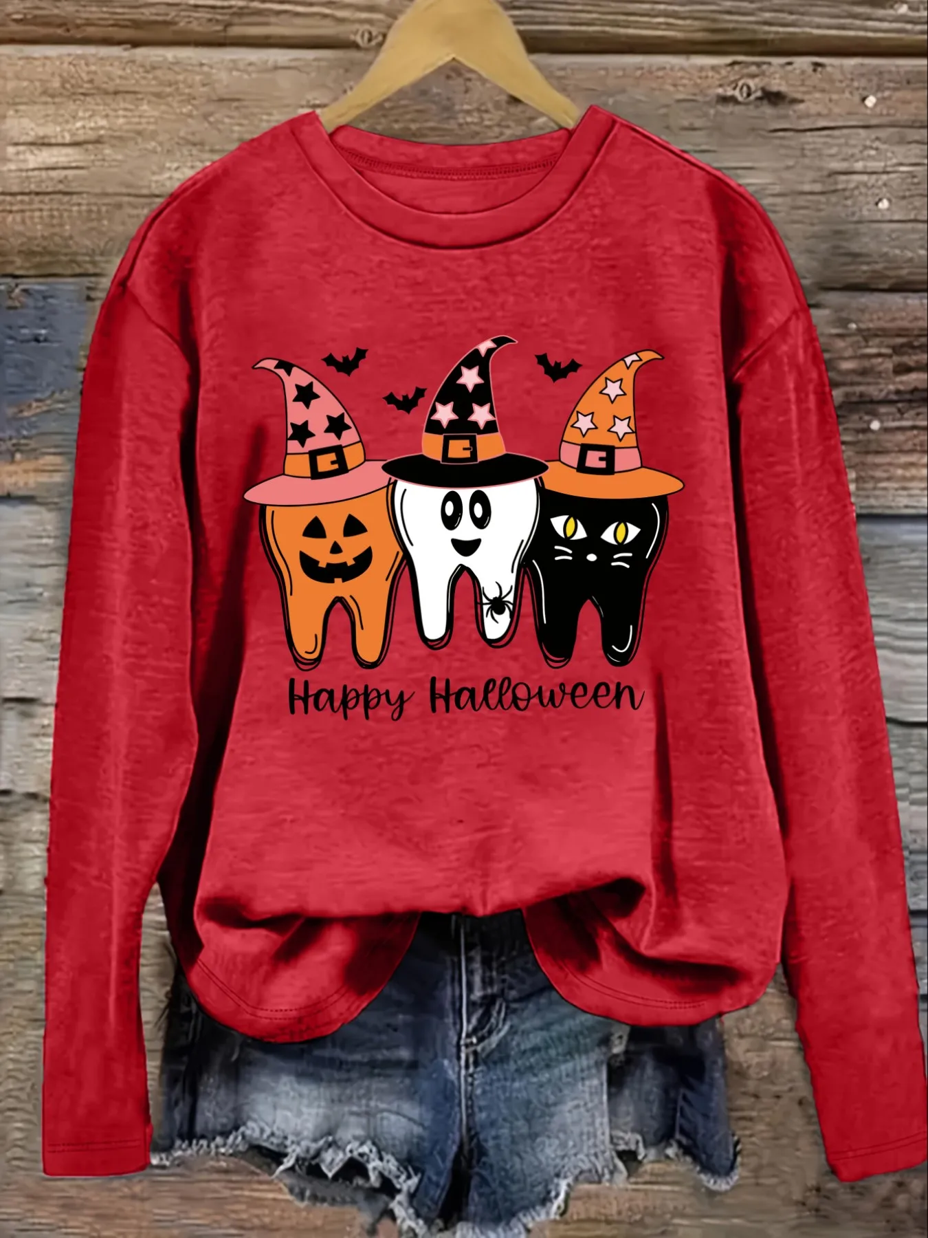 Women's Casual Long Sleeve Crew Neck T-Shirt Happy Halloween Tooth Witch Hats Design, Round Neck Women's Clothing, Machine Washable, Slightly Elastic, Loose Fit, Spring Autumn Winter Women's T-Shirt, Halloween Costume Outfit view 4