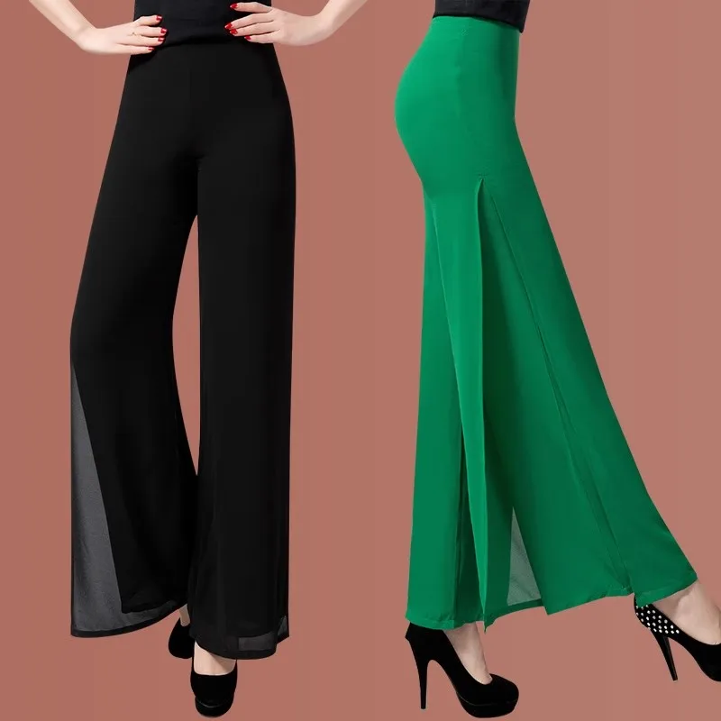 กางเกงขายาวทรงขาบานสำหรับผู้หญิง ลดราคาพิเศษช่วงซัมเมอร์ เอวสูง ผ้าชีฟองสองชั้น ผ่าข้าง ซิปสวยงาม ดูหรูหรา บางเบา ทันสมัย