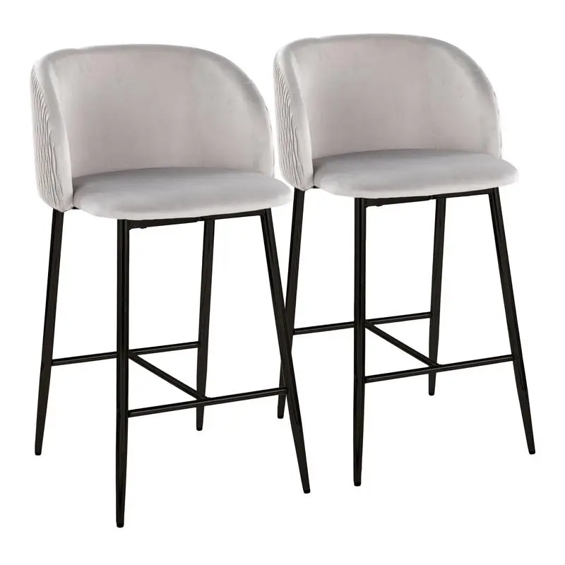 Contemporary Fixed-Height Counter Stools in Black Metal and Silver Velvet - Set of 2, Stylish and Comfortable, Perfect for