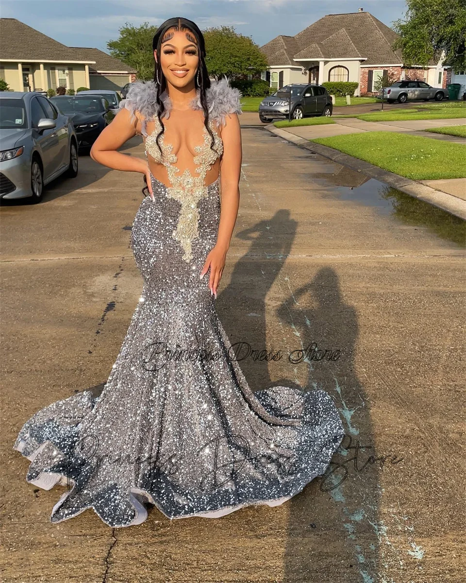 Sparkly Silver Sequined Mermaid Prom Dresses For Black Girls Long Sleeve Crystal Birthday Dress Luxury Diamonds Evening Gowns