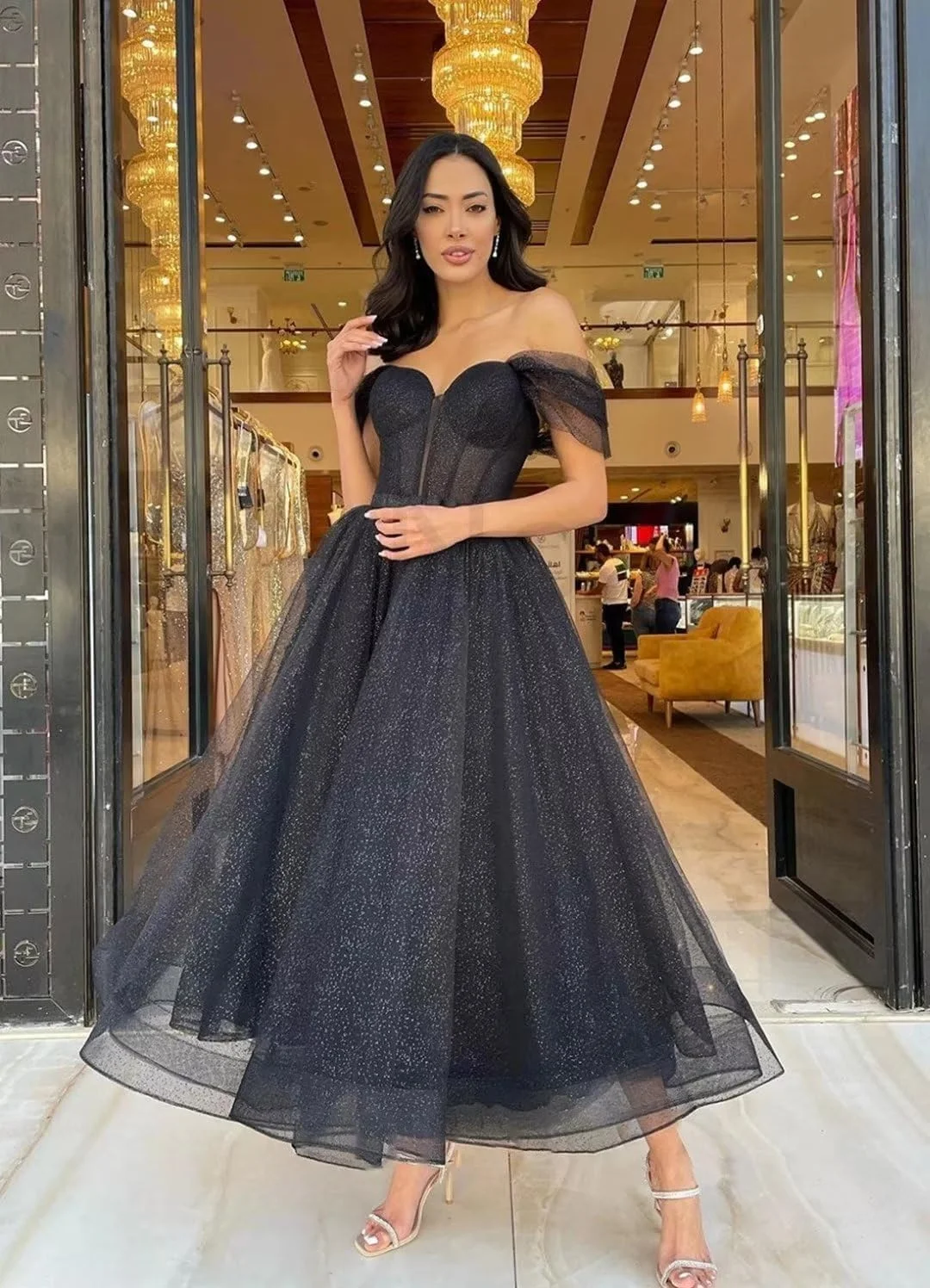 

Charming Off-Shoulder Sequins Sparkly A-line Ankle-Length Prom Party Dress Backelss Belt Holiday Prom Gown vestidos de gala