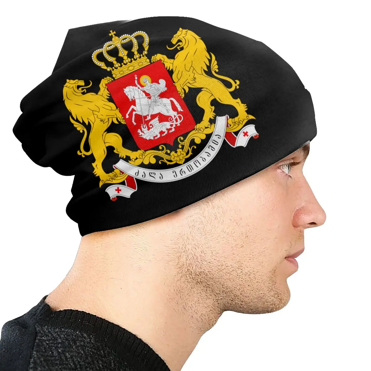 Custom Georgian Coat Of Arms Hip Hop Beanies Caps Unisex Bonnet Winter Warm Knit Hat Adult Georgia Pride Beanie Hats Ski Cap