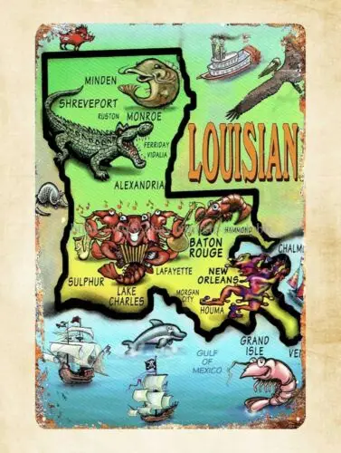 decorative wall decor retro travel postcard Louisiana metal tin sign