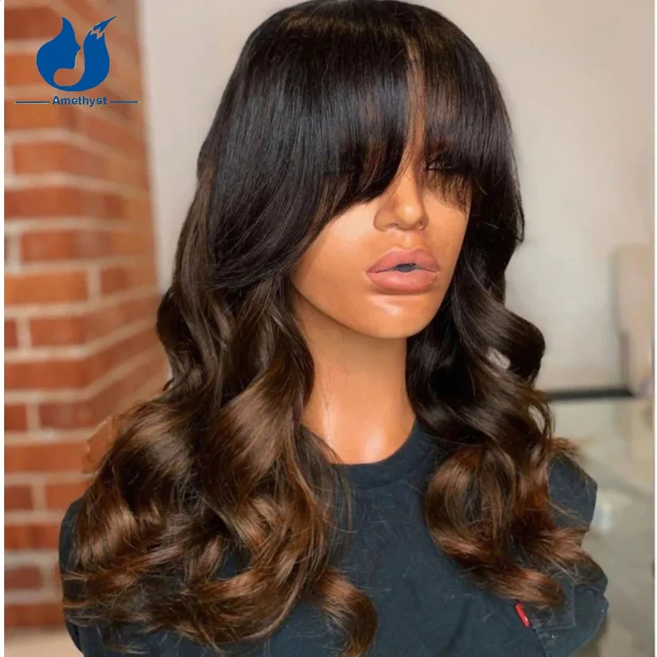 200% Loose Wave Ombre Chocolate Brown Human Hair Wig With Bangs For Women Brazilian Remy Scalp Top Full Machine Wig Amethyst