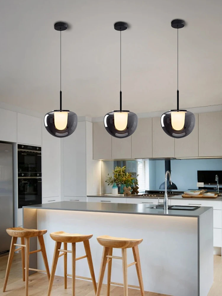 Italian Modern Minimalist Dining Room Bar Gray Glass Pendant Light Kitchen Island Bedside Amber Hanging Lamp