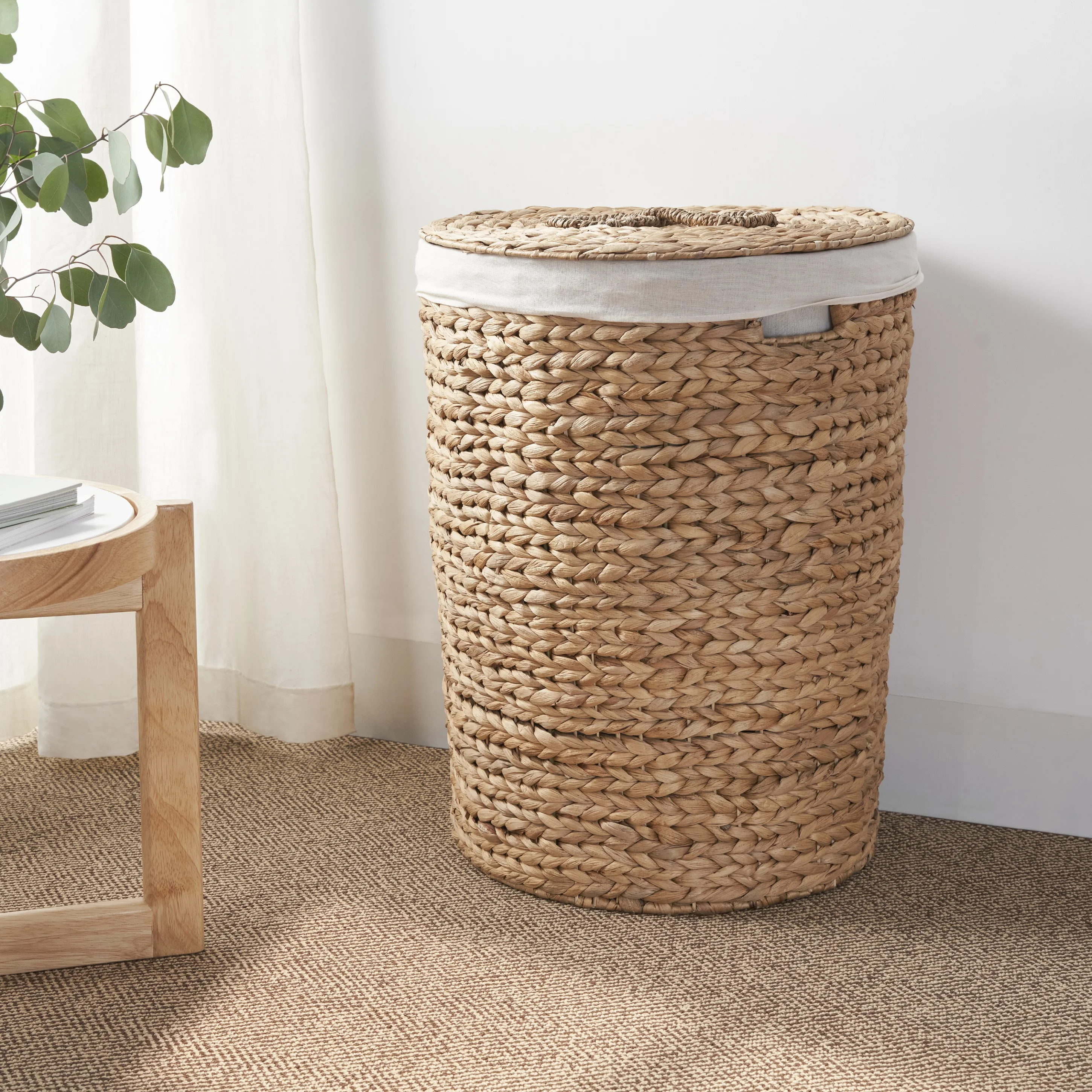 Ludmilla Round Tall Water Hyacinth Woven Wicker Laundry Hamper with Lid - For Clothes, Canvas, Toys and Book Storage with Remova