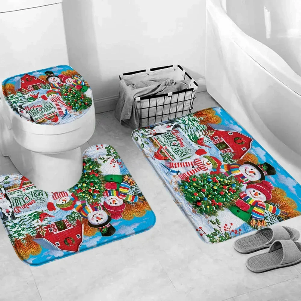 Christmas Bathroom Floor Mat Set Winter Snow Snowman Vintage Farmhouse Rustic Christmas Theme Bathtub Toilet Decoration