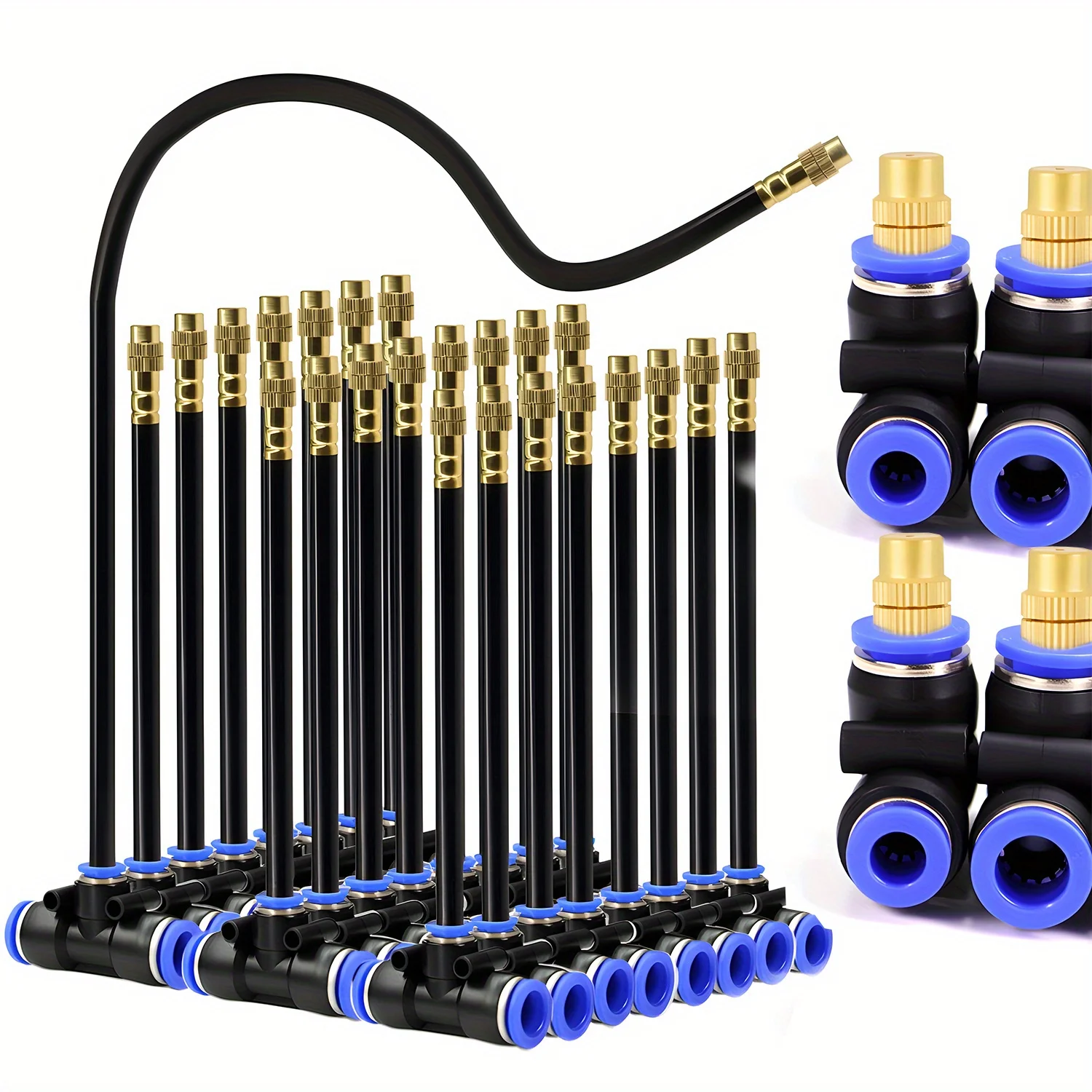 5PC Adjustable Brass Misting Nozzle with Tee Quick Connector for OD-8mm OD-12mmPE Hose Sprayer Garden Plants Atomizing Sprinkler