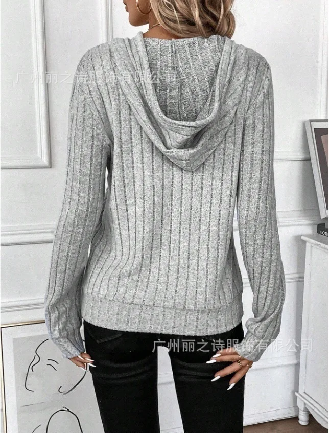 Women's New Casual Ribbed Groove Strip Pullover Hooded Long Sleeved Sweatshirt for Women