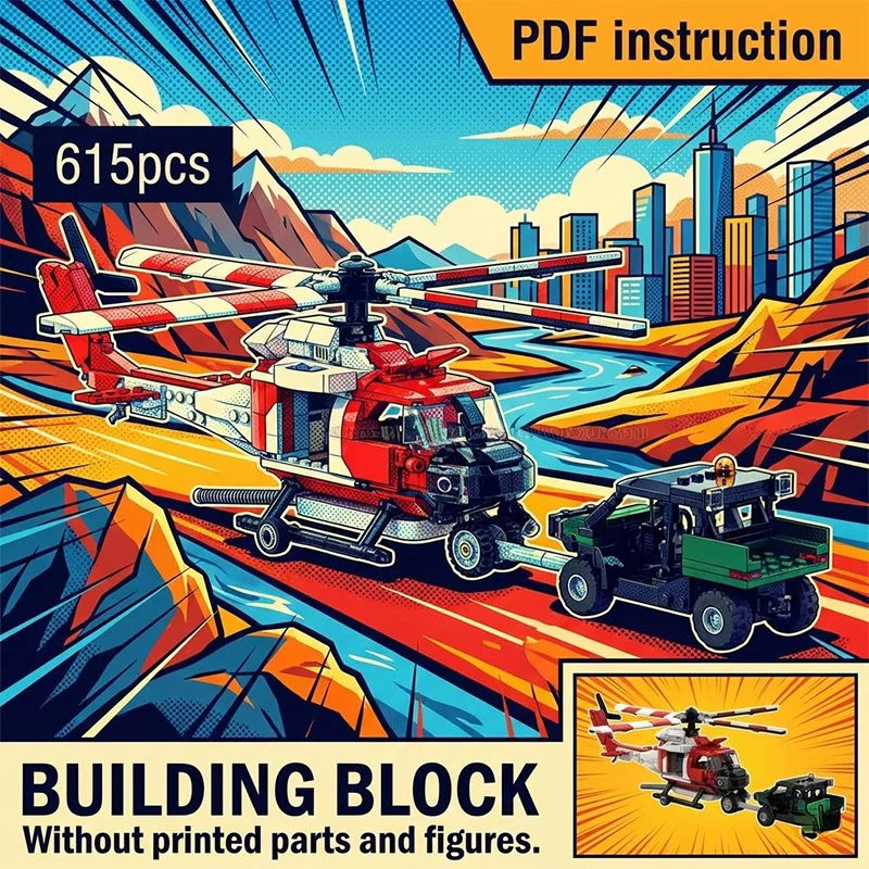MOC Red Rescue Helicopter with Green Ground Support Tug Tractor & Tow Bar Aviation Block Model