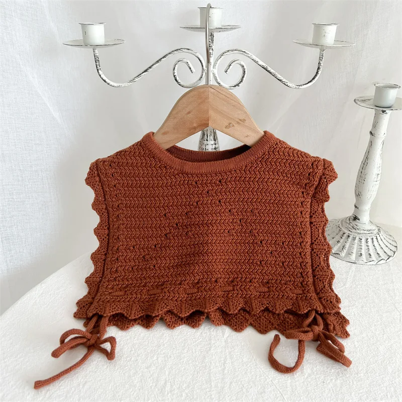 Girls Fashion Knitting Waistcoats Autumn Sweet Retro Vest Baby Straps Lacework Sleeveless Sweater Girls Small Fragrance Vests