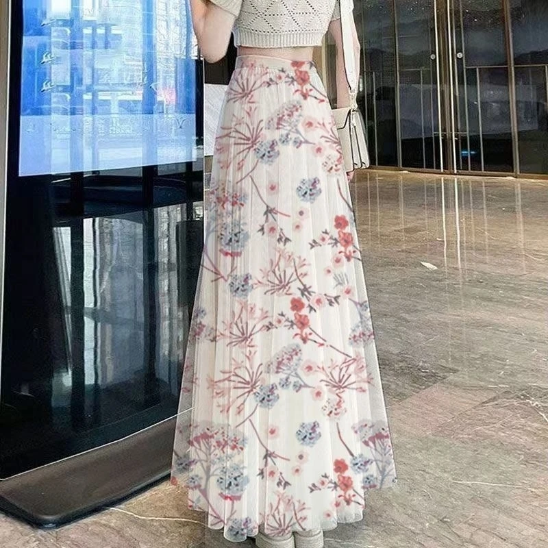 Women Floral Print Pleated Maxi Skirt High Waist A Line Flowy Long Skirt Casual Elegant Summer Wear