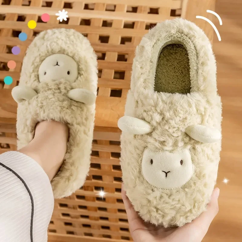 House Slipper Womens Sheep Lamb flip flop Winter Warm Cartoon Kawaii Animal peluche Indoor Home Shoes Flat Fuzzy Female slides