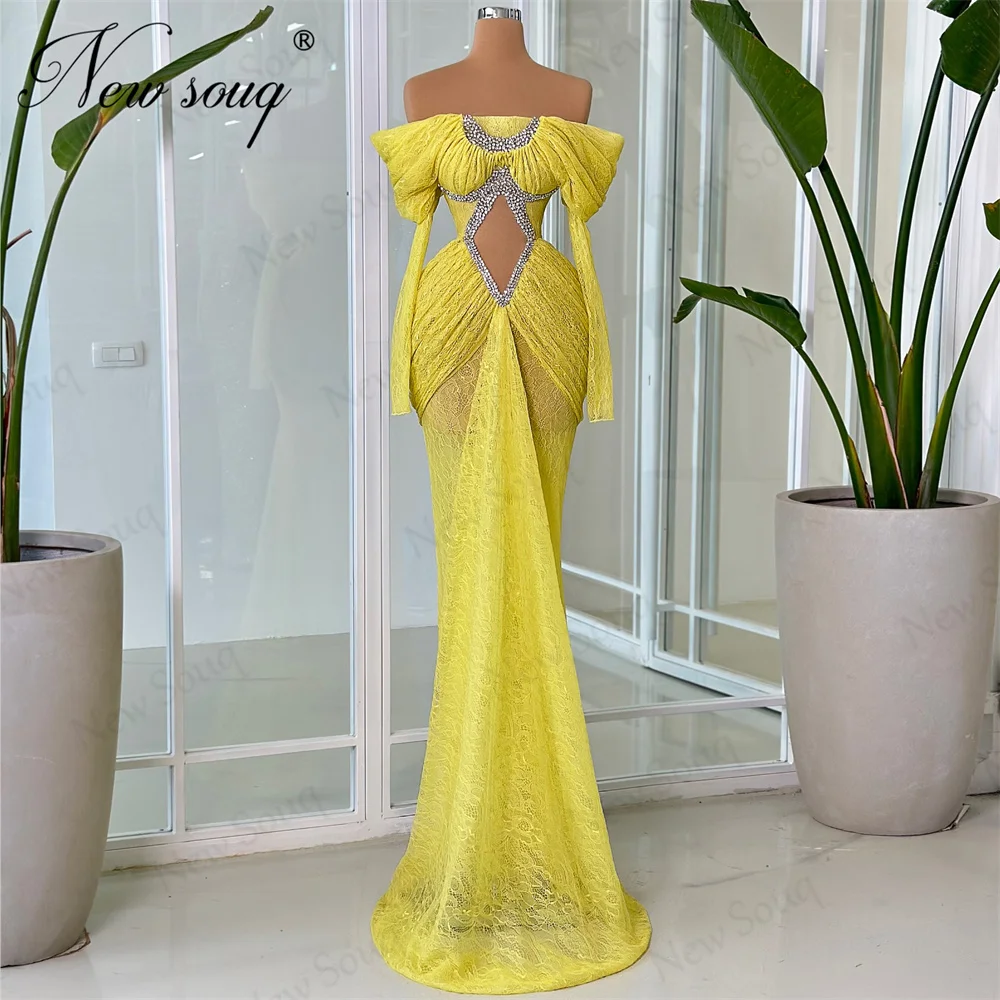 Yellow Lace Prom Dresses Customized Off Shoulder Long Sleeves Female Evening Gowns Robes De Soiree Beading Wedding Party Dress