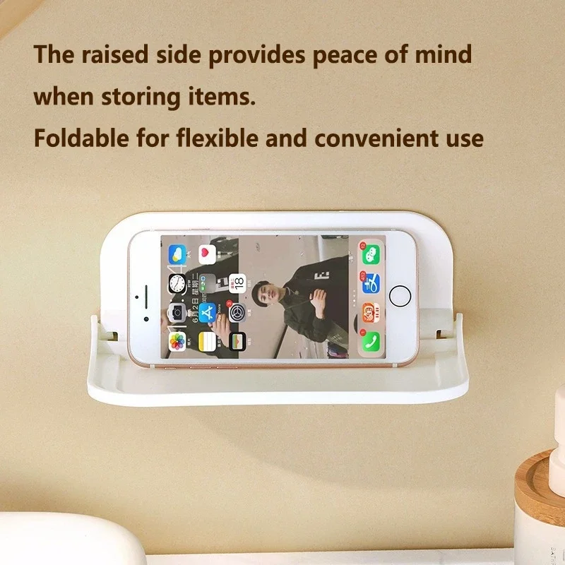 Punch-free Foldable Wall Mounted Storage Rack No Drill Phone Holder Bedroom Bedside Bathroom Dorm Wall Hanging Organizer