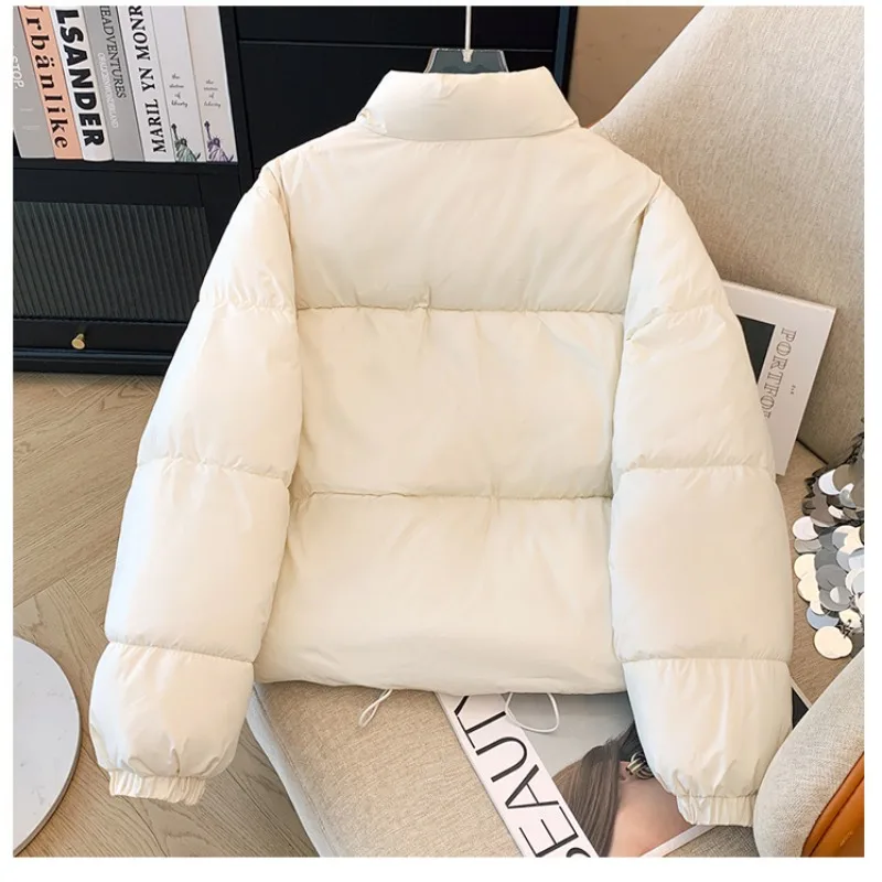 Women Solid Color Loose Puffer Jacket Stand Collar Snap Button Zip Up Short Quilted Coat Drawstring Hem Elastic Cuff Outerwear