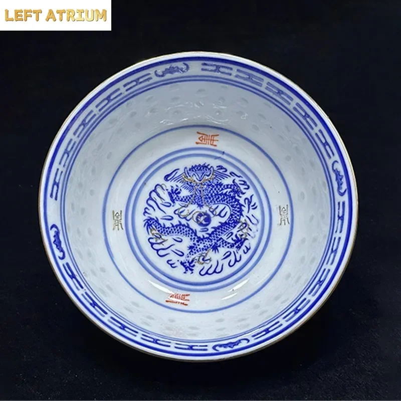 Jingdezhen 1980s Ceramic Bowl Set - Traditional Blue-White Dragon & Swallow Motif - Soup/Rice Porcelain Bowls with Collector