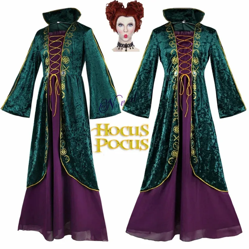 Peluca de Cosplay de Halloween Hocus Pocus Winifred Sanderson, vestido gótico Vintage, disfraz Medieval de Reina Roja para mujer y niña NM31