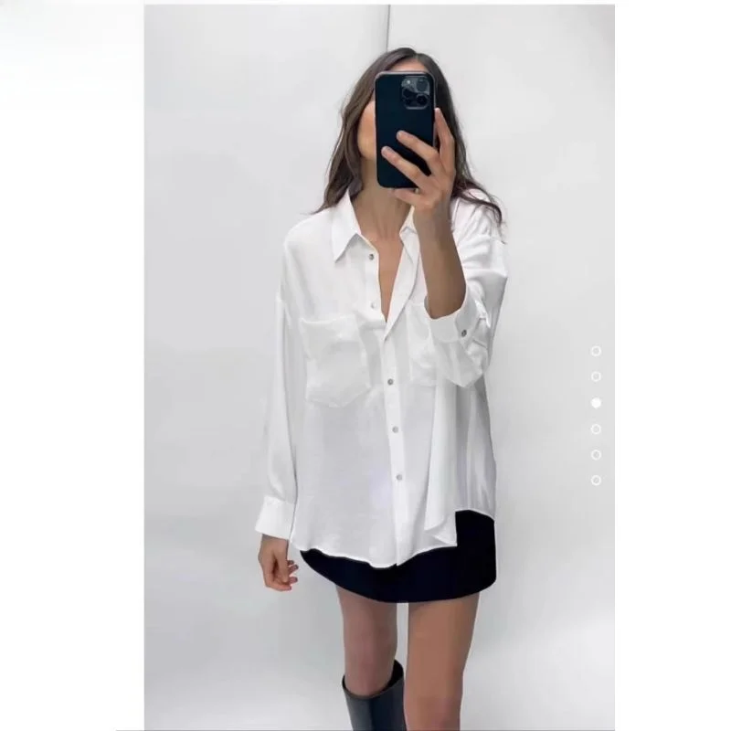 

Spring 2024 Women's Loose Silk Satin Feel irt Long Sve Square Collar Versatile Sle Pure Color Regular Length Premium Q...