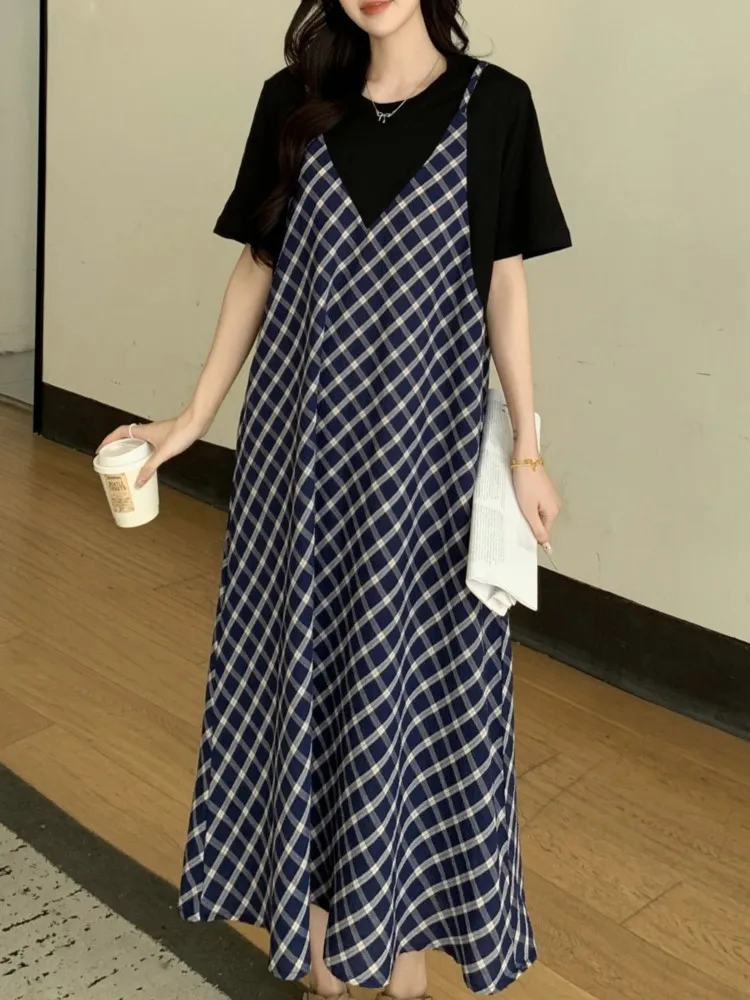 Nep tweedelige plus size zomer damesjurken satijn patchwork print vestidos vakantiestijl T-shirt vrouw jurk vrouwelijke kleding