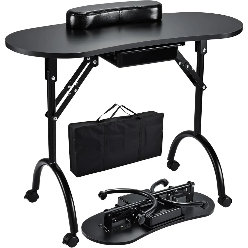 

Foldable & Portable Manicure Table Nail Technician Desk Workstation with Rolling Wheels Large Drawer Client Wrist Pad