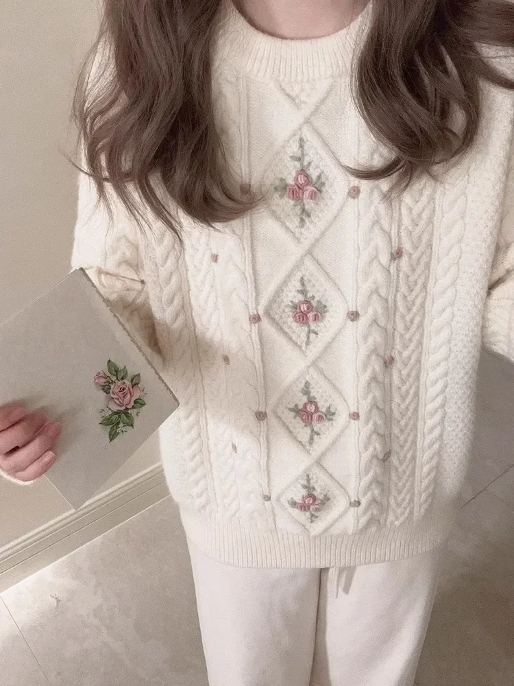 Prairie Chic Knitted Pullovers Women Autumn Winter Vintage Floral Embroidery Loose Sweaters for Sweet Girls