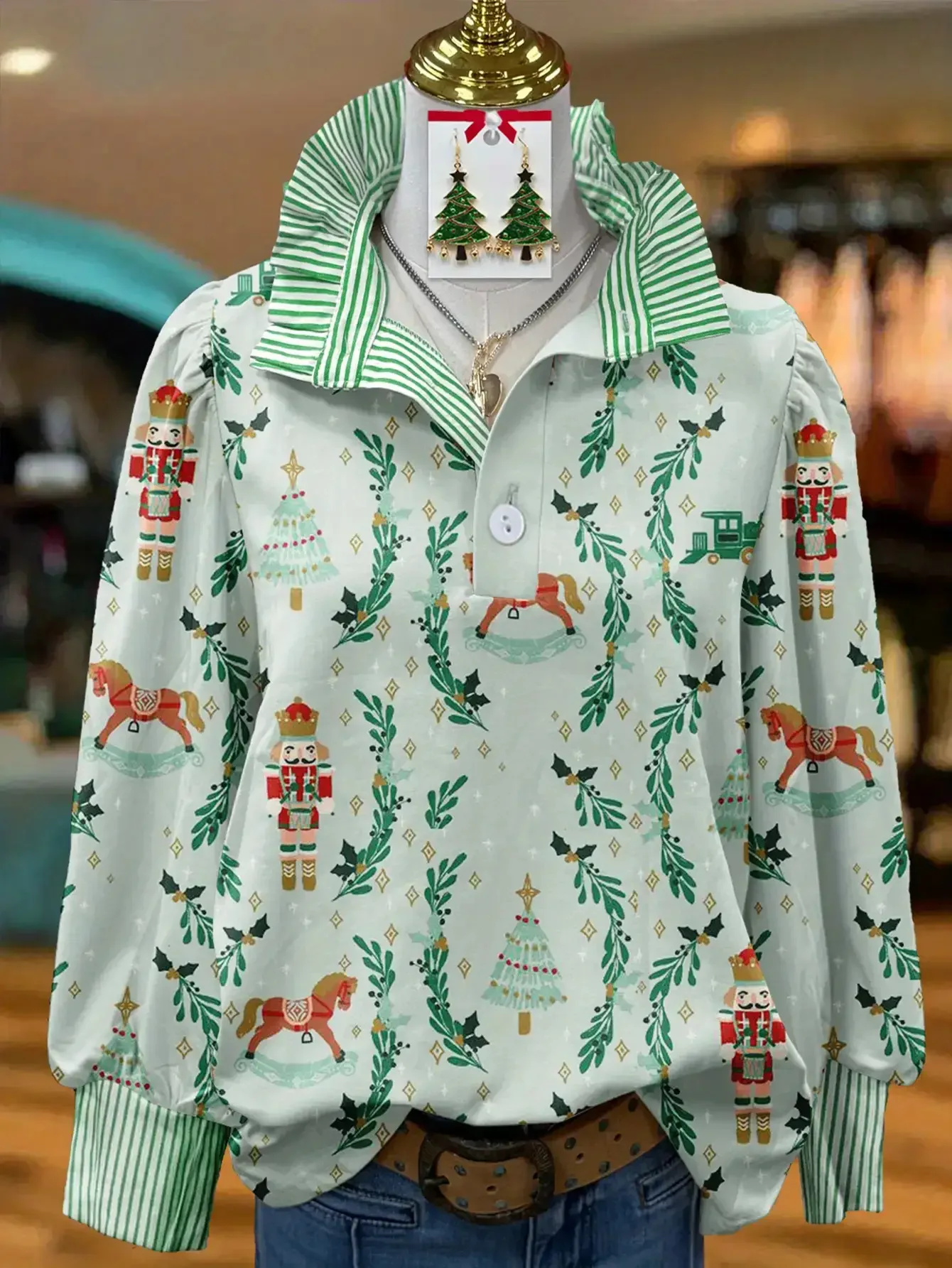 Women's Plus Size Long Sleeve Stand Collar Shirt with Creative Print for Spring, Autumn,  Elastic fabric, holiday shirt