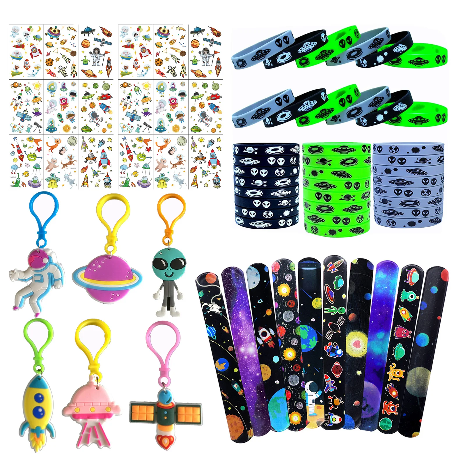 

Outer Space Themed Birthday Decorations Tattoo Bracelet Astronaut Keychain Slap Bracelet Bookmark Gift Bag for Kids