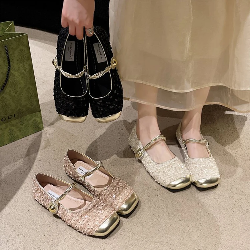 

Ladies' Ballet Flats Elegant Solid Color Bling Mary Janes Shoes Women Spring Autumn Buckle Strap Party Flats Luxury Woman Shoes