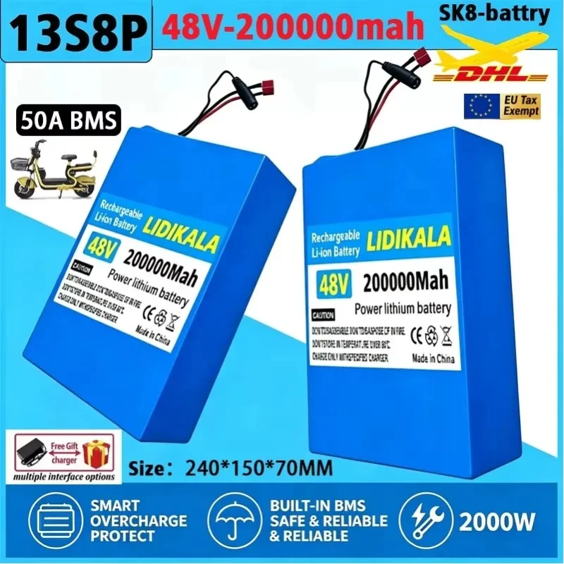 48V Power-Akku 13S8P 200Ah 18650 Wiederaufladbarer Li-Ionen-Akku Hochleistungs-Akku mit BMS für Motorrad, Roller, Fahrrad
