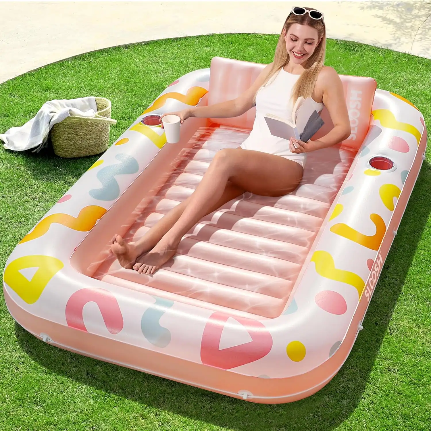 JOYFY Lettino gonfiabile per piscina abbronzante galleggiante 70 "x 46" Galleggianti per piscina per adulti 4 in 1 Zattera per vasca abbronzante per regali per feste in acqua