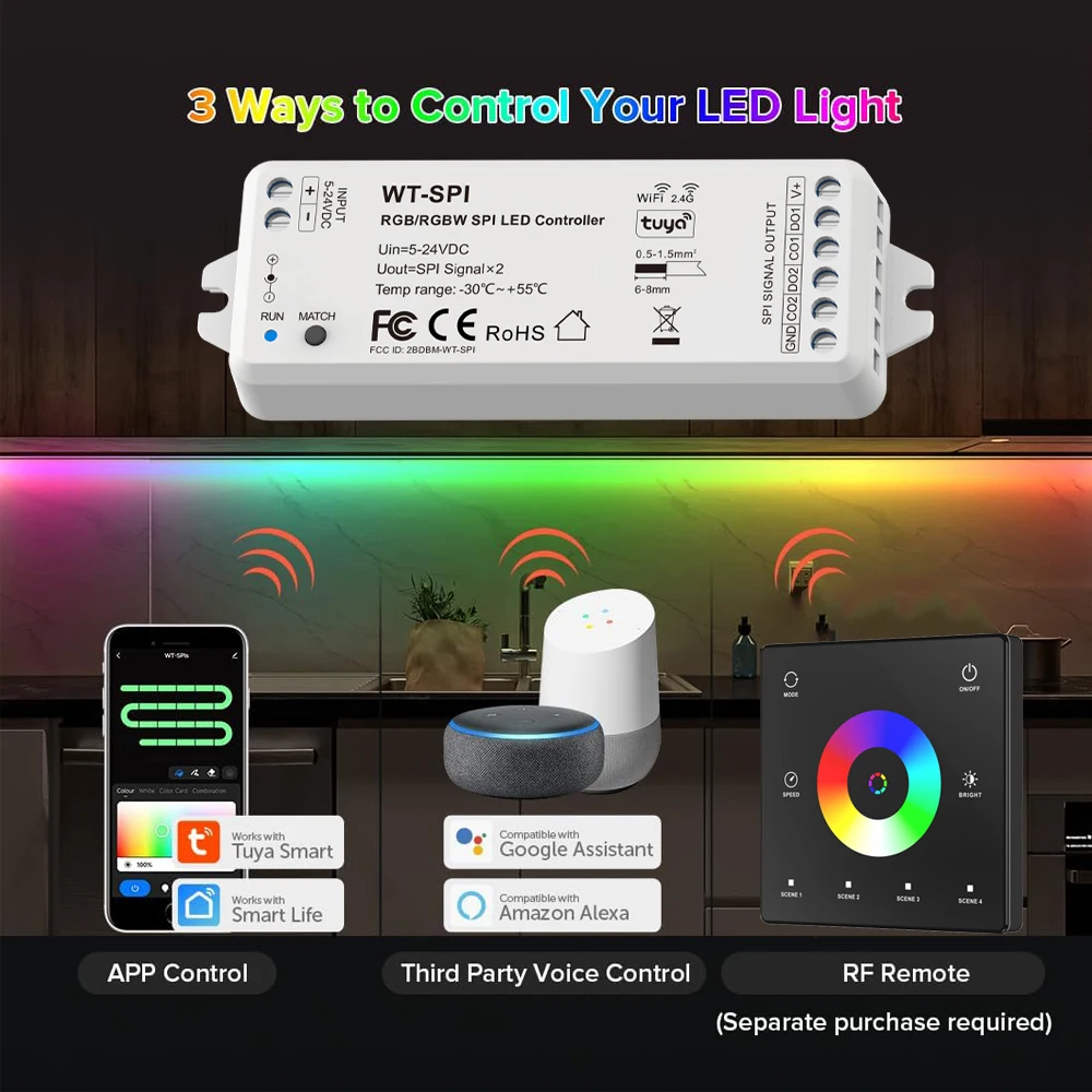 CENFAYA 2.4G WiFi RGB RGBW SPI Controller Tuya APP/Smart Life/Google Home/Alexa Control Support WS2812B Addressable LED Strip