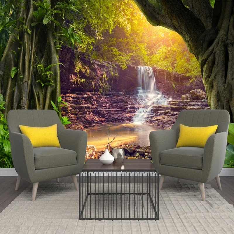 

Custom Papel De Parede 3D Forest Waterfall Landscape Photo Wall Painting Living Room Sofa Bedroom Home Decor Mural Wall Covering