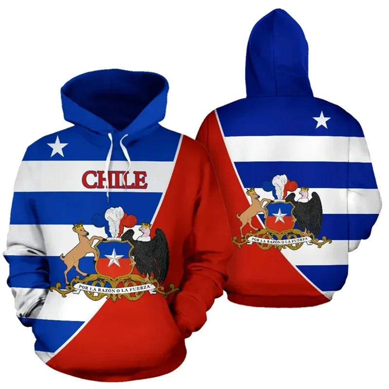 3D Printed Chile National Emblem Map Hoodies For Men Chilean Flag Graphic Pullovers Casual Hoody Tops Sweatshirts Long Sleeves