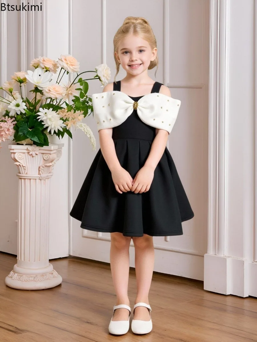 Elegant Bows Kids Girls Dress for Children Shoulderless Vestido Birthday Clothing Party Gown Kids Evening Costume Fashion Wear