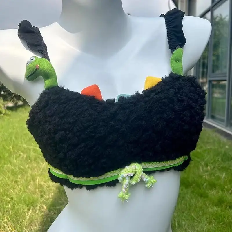 

Женский пушистый беспроводной комплект из бюстгальтера и трусиков с милым динозавром в стиле аниме - теплое удобное нижнее белье Kawayi IUnderwear с мультяшным узором