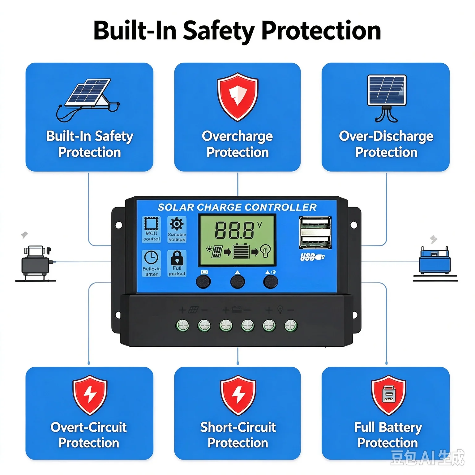 Solar Charge Controller 10A 20A 30A to 100A LCD Display Dual USB Port Auto Regulator for Solar Panel Battery System Charging