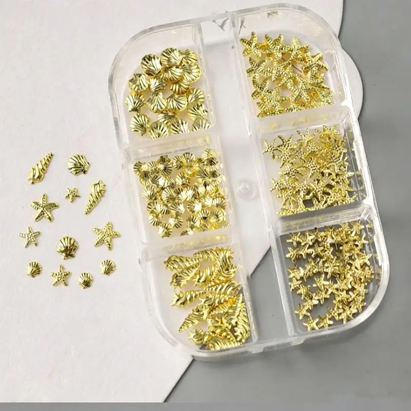 6er-Set Goldene Muschel- und Seestern-Nagelcharms, 3D-Muschel-Nagelkunst-Dekorationen, Sommer-Metall-Nagelstecker, Maniküre-Nagelzubehör – Detail 9