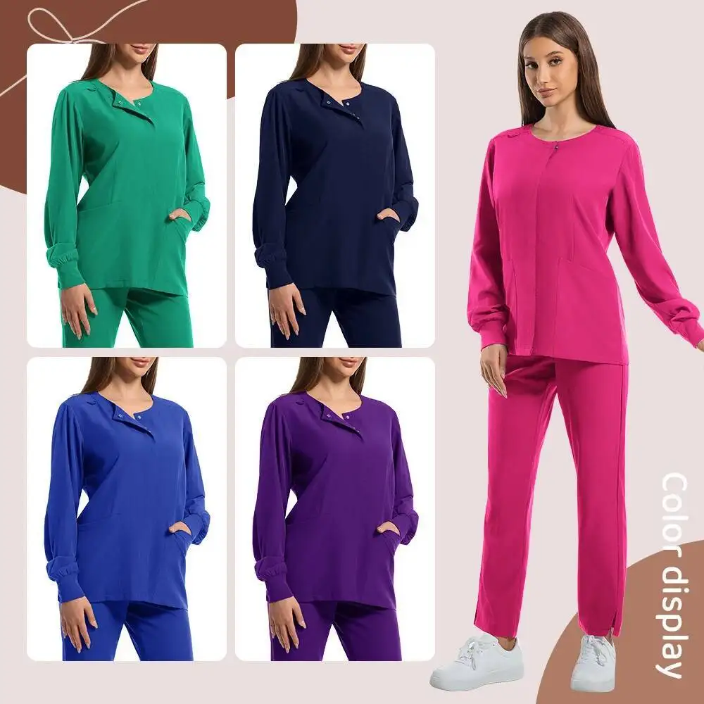Medical Scrubs Hospital Uniforms Women Long Sleeve Nurse Front Button Jacket Top Pants Scrub Suit Spa Salon Beauty Workwear Set