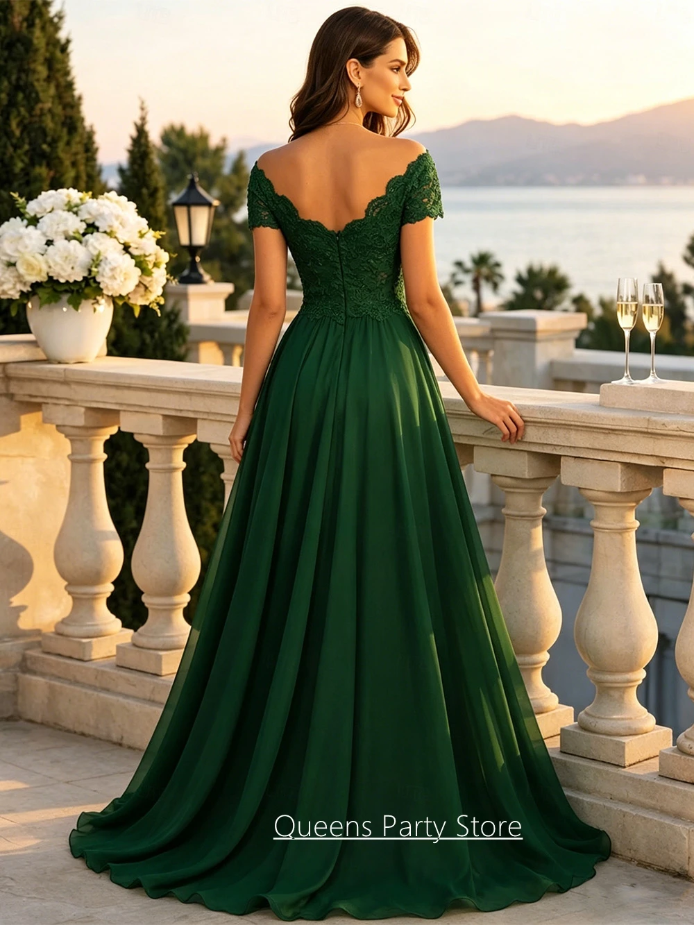 Customized Mother of The Bride Dress Off The Shoulder V Neck Lace Applique Sweep Train A Line Woman Wedding Party Gown