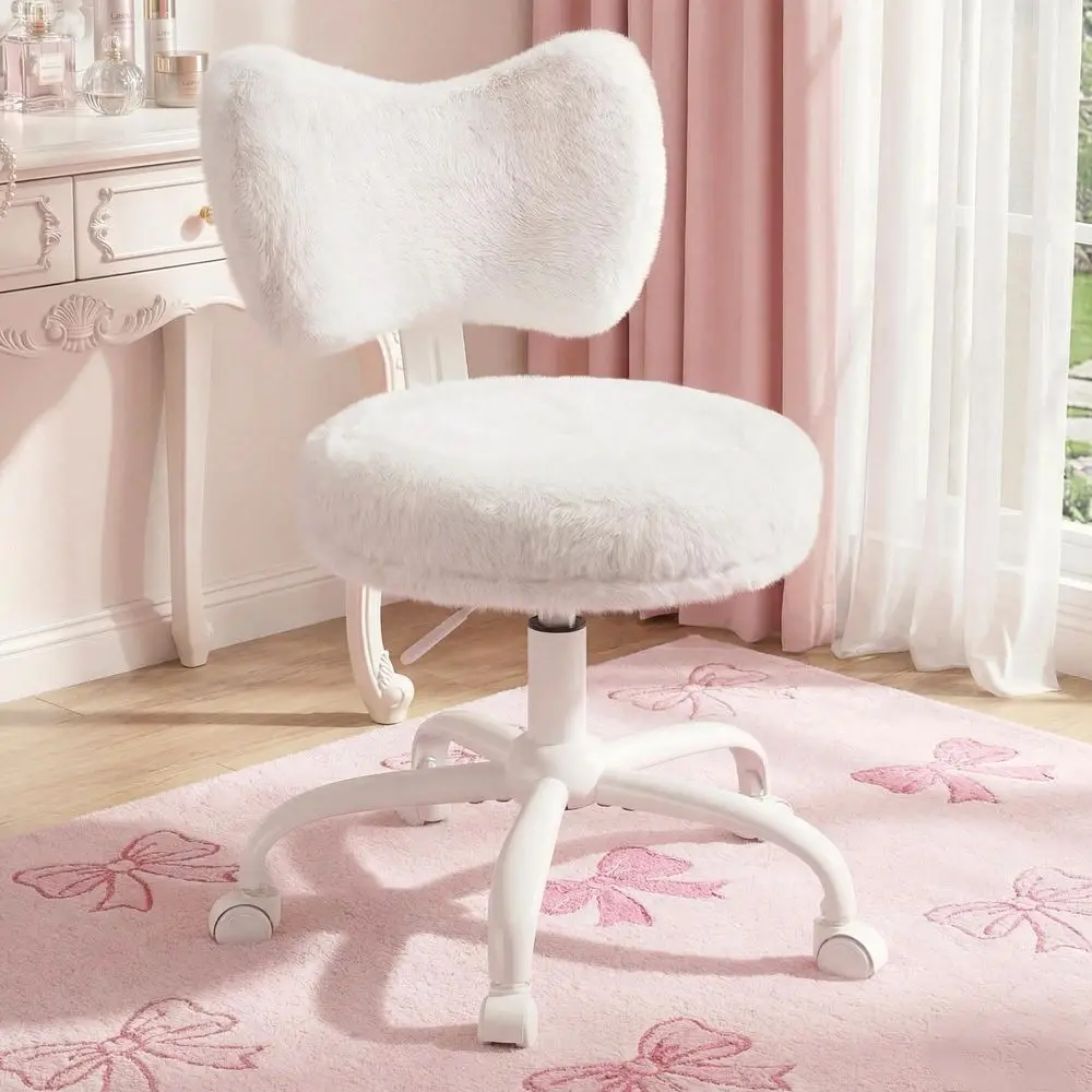 

Vanity Chair with Back, Swivel Chair with Wheels amp Adjustable Height, Fluffy Faux Rabbit Fur Comfy Desk Chair for Vanity, Mak