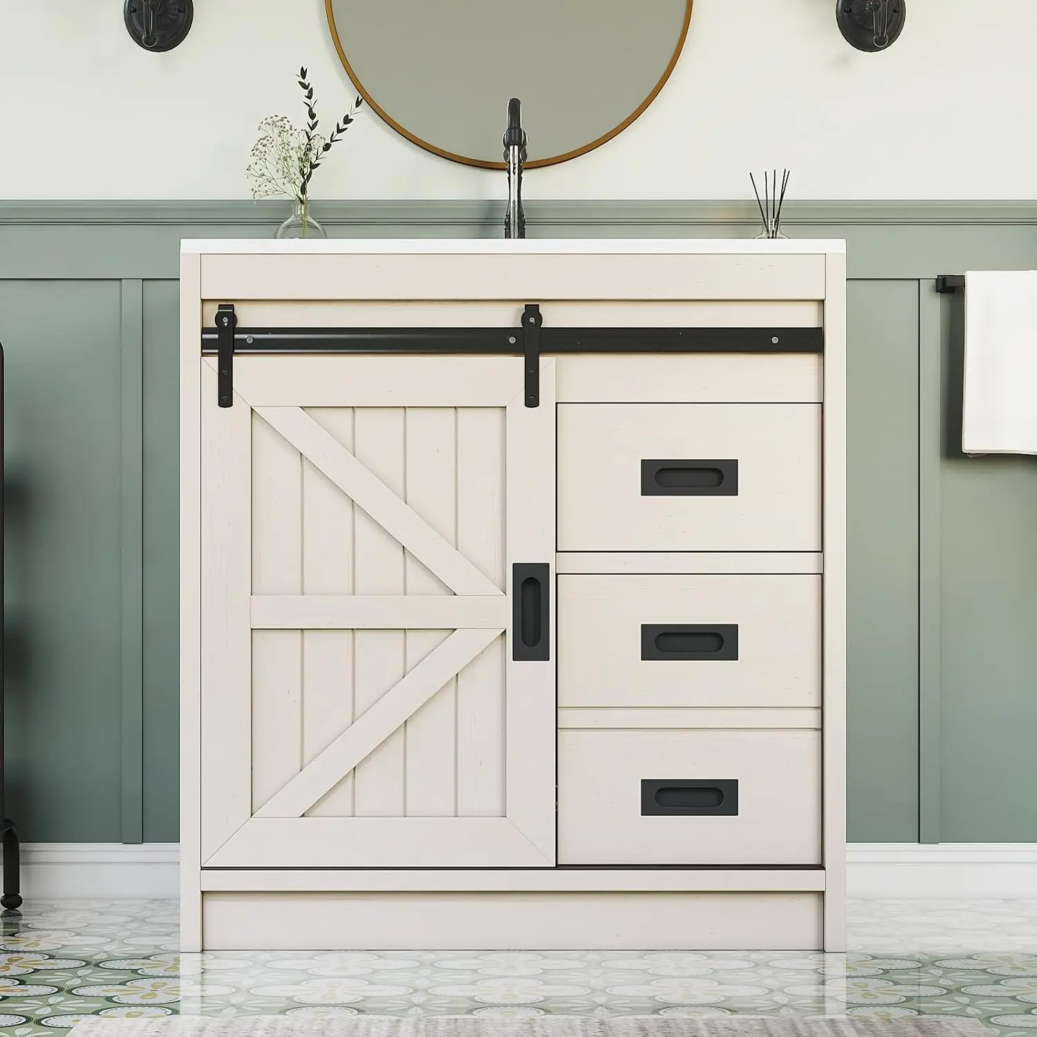 Large Farmhouse Bathroom Vanity With Ceramic Sink Combo, Freestanding Wood Restroom Storage Cabinet Featuring Smooth Sliding Barn Door And Utility Drawers For Small Apartment Home Powder Room, Distressed White - view 3