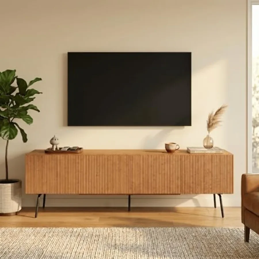 Media console for TVs up to 75'', crafted from engineered wood with matte black finish, featuring vertical groove design and br