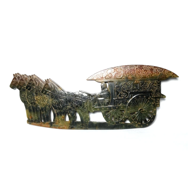 YIZHU CULTUER ART Size 25.8 × 9.7 cm Old China Hetian Jade Carving Horse-drawn cart Disc Statue Collection