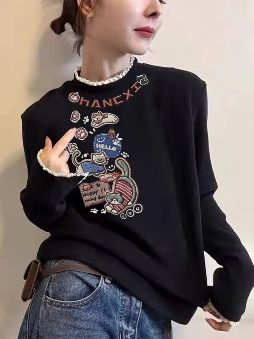 プラスサイズ ロング丈Tシャツ レディース 秋冬 太め体型向け ベルベット素材 ハイネック レース飾り プリント柄 ベースTシャツ ゆったりフィット スリーブ