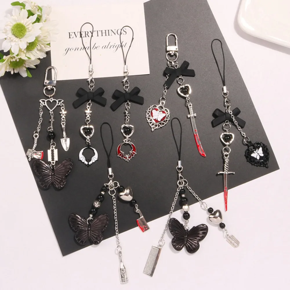 Trendy Phone Lanyard Gothic Style Butterfly Heart Keychain Pendant Durable Phone Strap Portable Phone Accessory for Keys