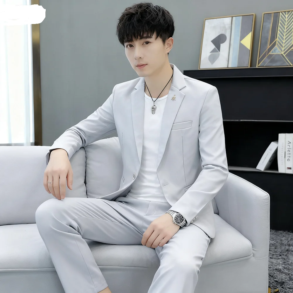 

Men's Two-Piece Suit Slim Fit Casual Business Solid Color Autumn Dress with Included Pants Full Set Male Trabajo Clothes